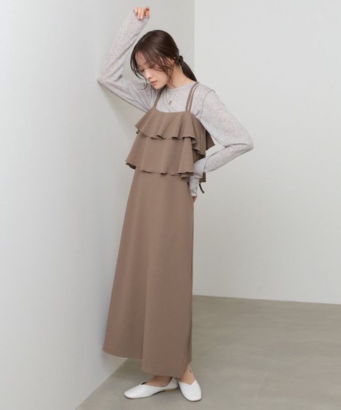 日本 Bab - 優雅綁帶層疊喬其紗細肩帶洋裝-摩卡