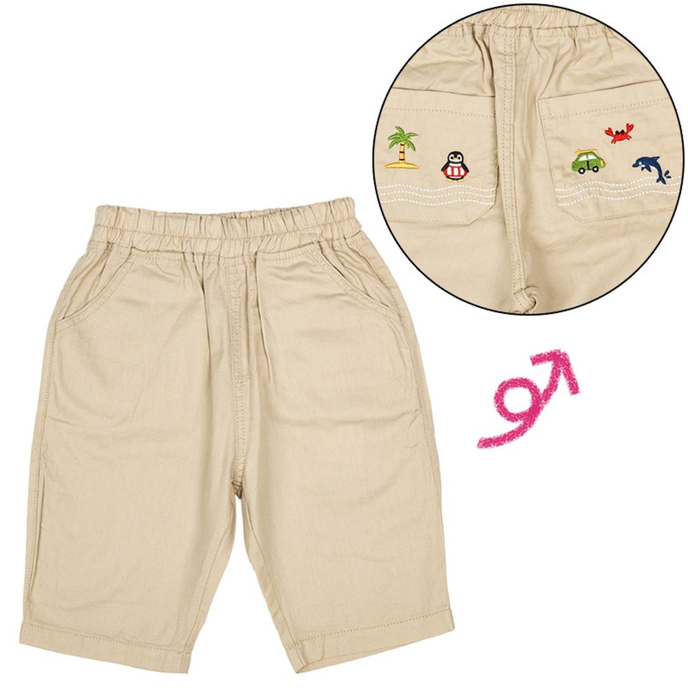 7分褲-口袋刺繡-淺卡其色