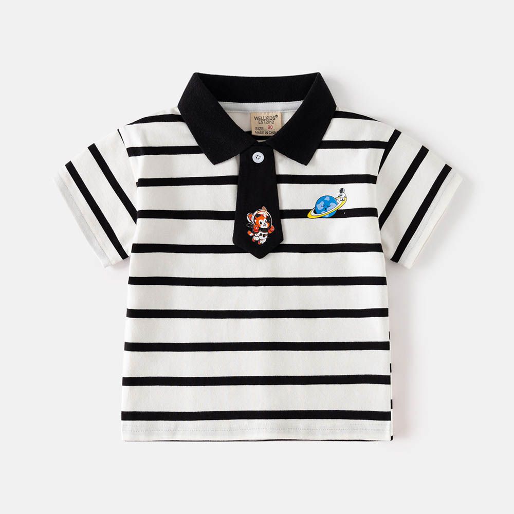 休閒翻領短袖上衣-太空人領帶-白底條紋