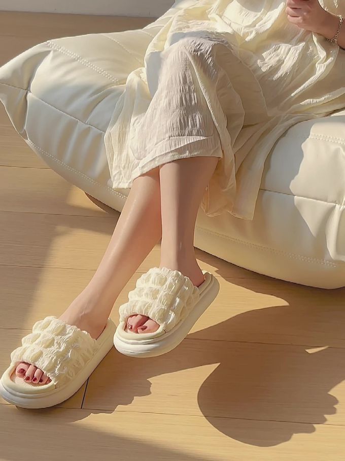 厚底海綿感亞麻室內拖鞋-鬆餅格-灰色