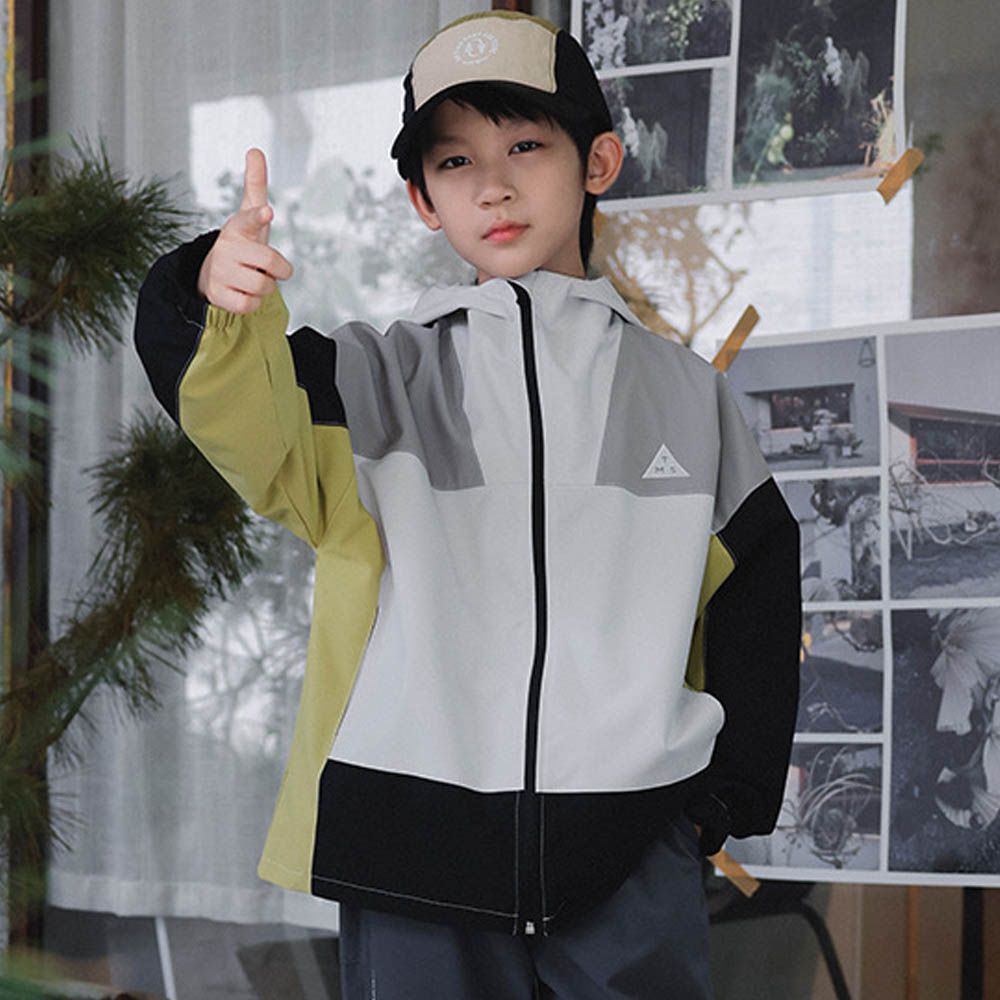 防潑水立領防風連帽外套-拼色米白