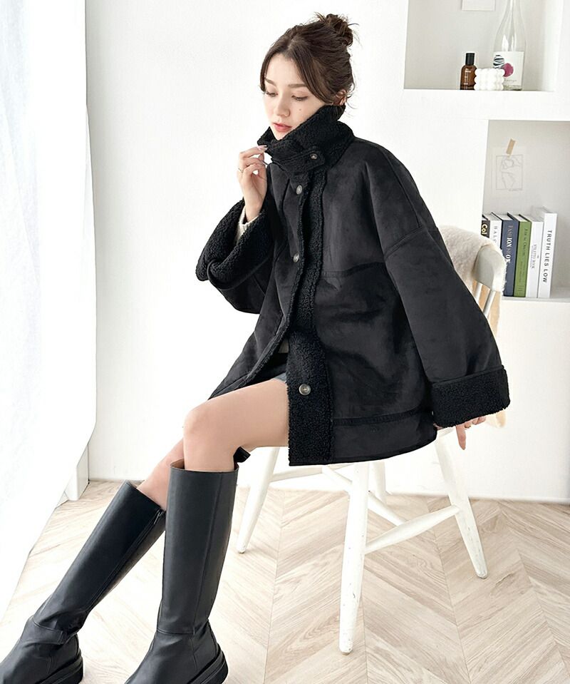 日本 Classical Elf - 麂皮絨毛雙面穿立領保暖外套-摩卡