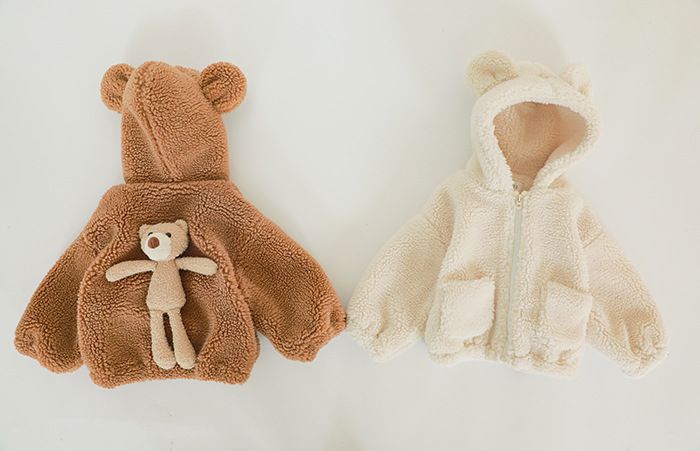 加厚連帽羊羔絨兒童造型外套-熊熊耳朵-米白色