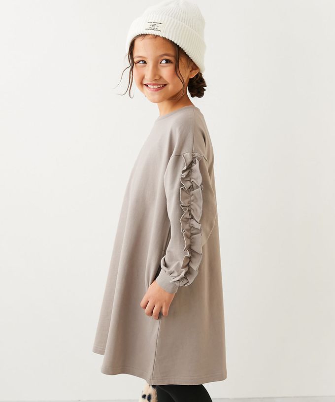 日本 devirock - 純棉甜美花邊縮口長袖洋裝-胸前荷葉-墨黑