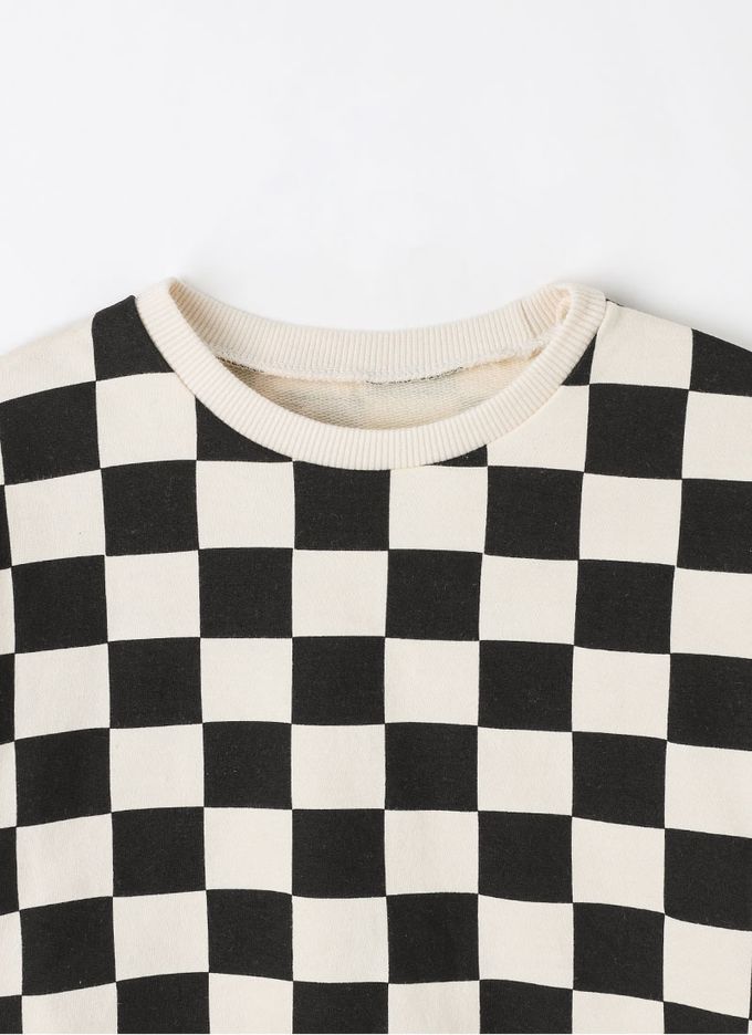 韓國 OZKIZ - 棋盤格紋長袖縮口褲套裝-黑