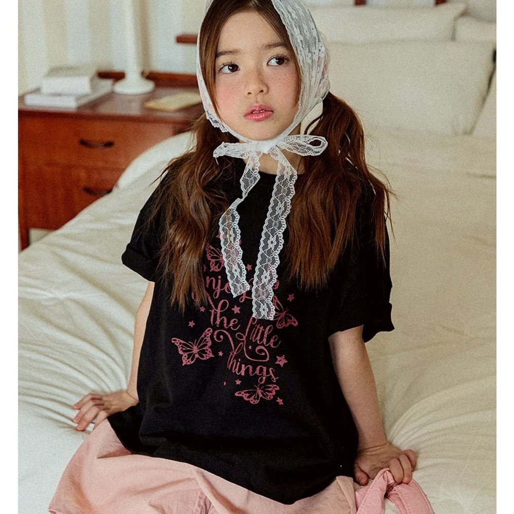 W.S.B. 純棉短袖上衣-星星蝴蝶文字-黑