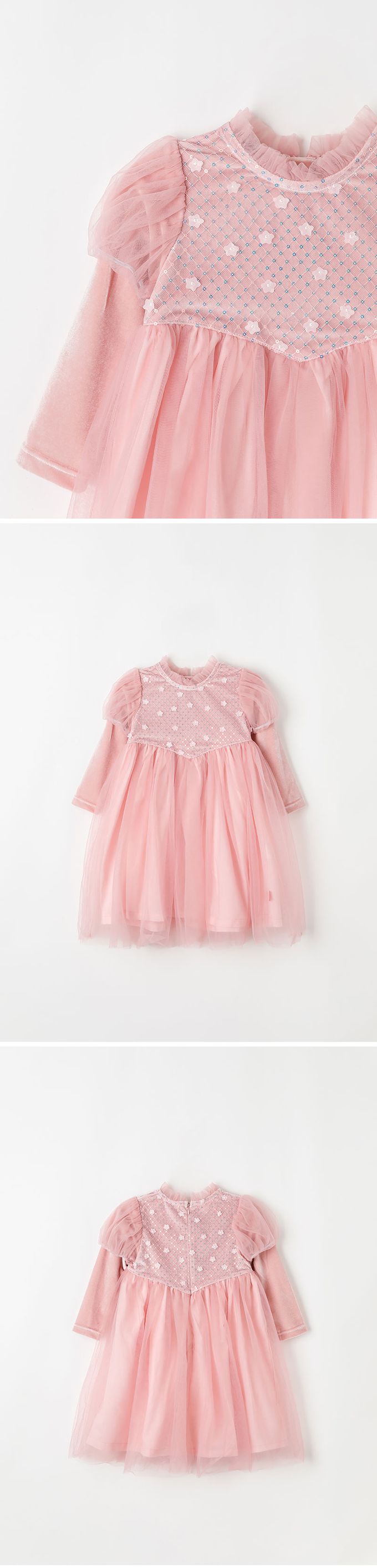 韓國 OZKIZ - 花朵亮片點綴網紗公主袖洋裝-粉