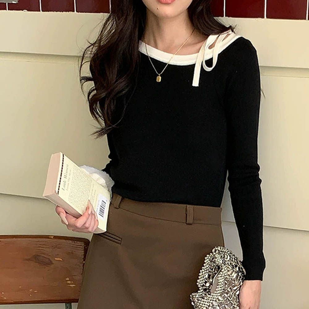 設計感綁帶斜肩撞色長袖針織上衣-黑色 (F)