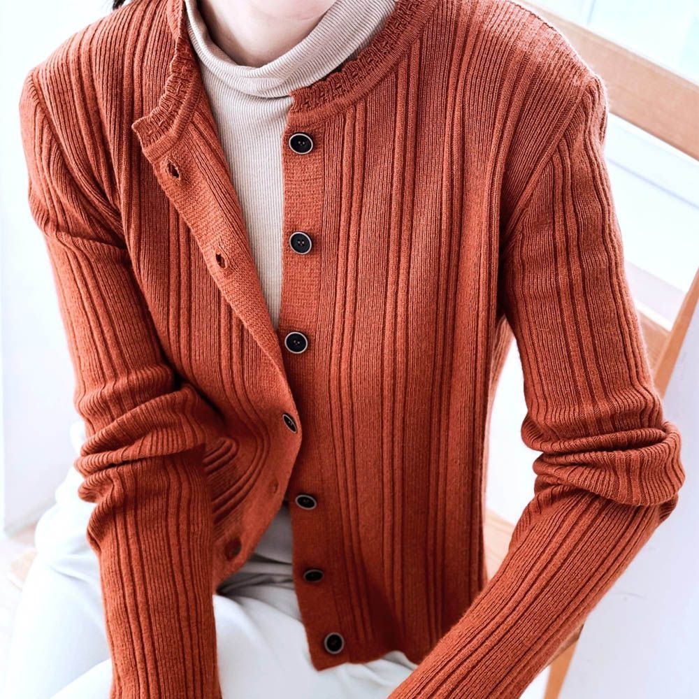 細緻喀什米爾羊毛羅紋長袖針織上衣/外套-焦糖棕 (FREE)