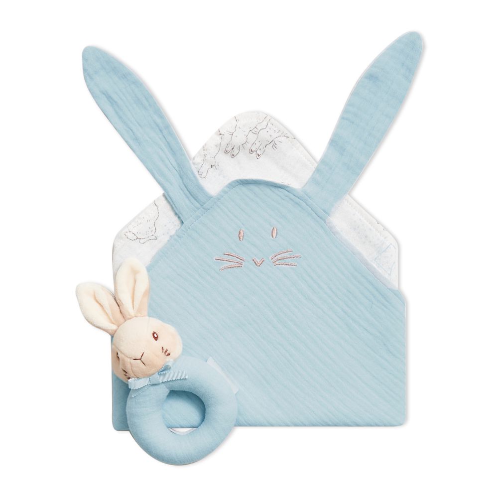 比得兔天絲泡泡紗安撫搖鈴組 32x32cm(安撫巾+手搖鈴 新生兒 寶寶安撫 抓握練習 嬰兒玩具)-水綠色