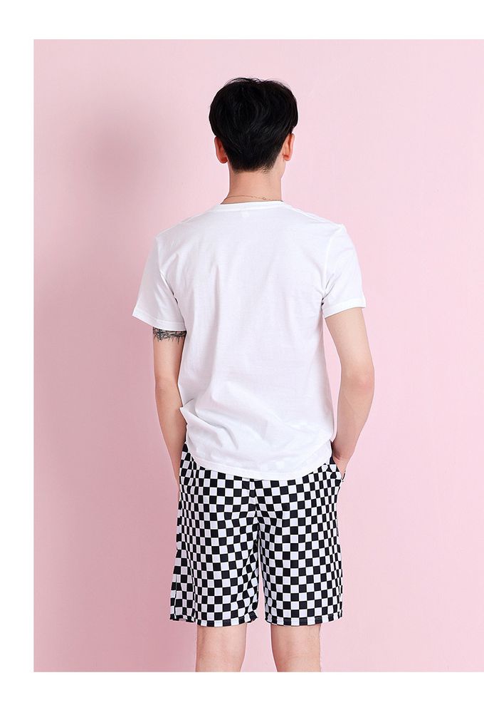 男士泳褲-格紋-黑+白