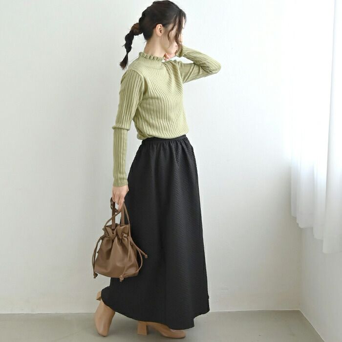 日本 ihuu - 百搭荷葉領羅紋薄針織上衣-芥末黃