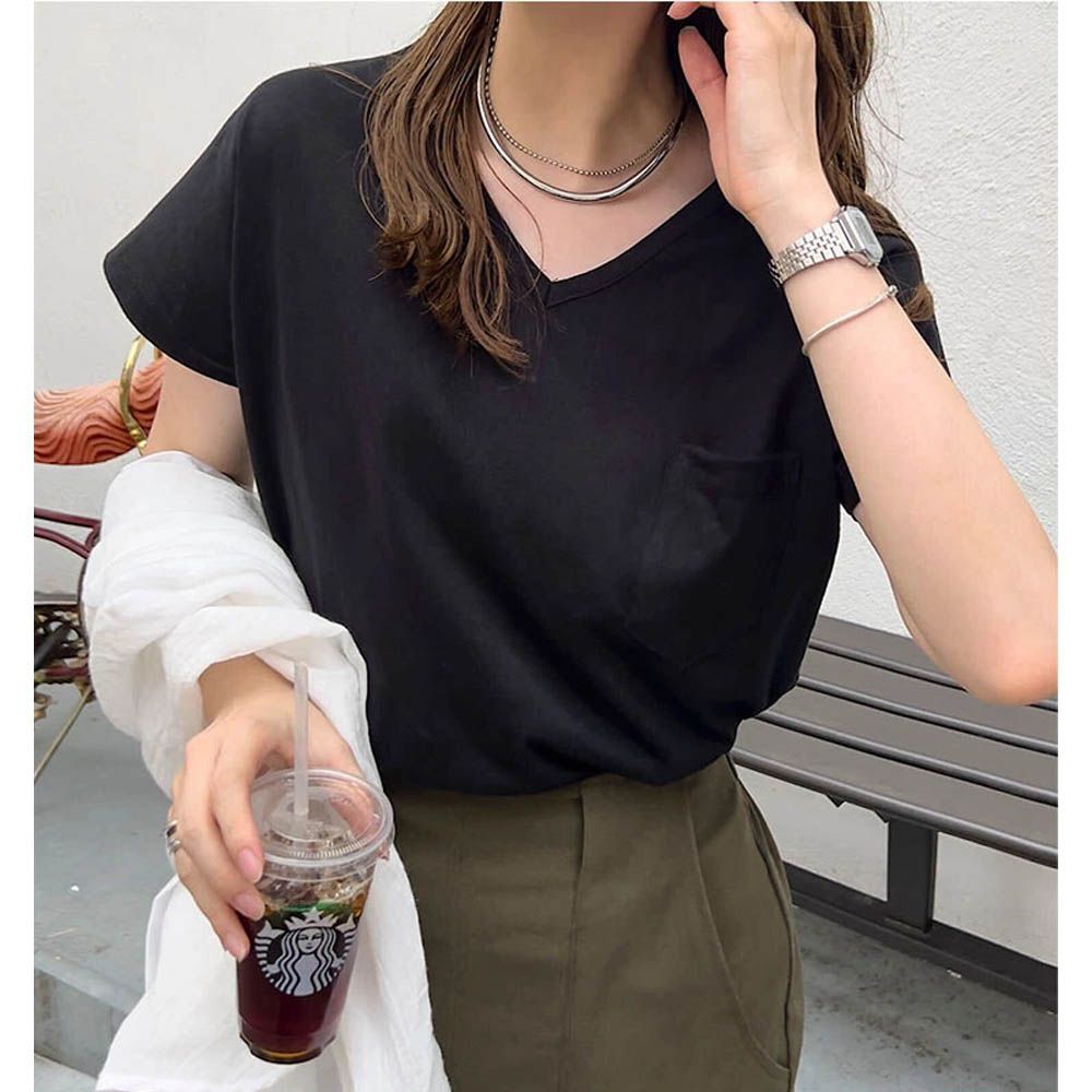 抗透汗 純棉V領口袋修身短袖上衣-黑