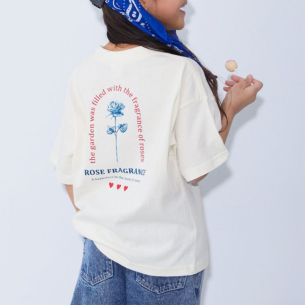 100%棉 可愛女孩寬版短袖上衣-背後玫瑰-白