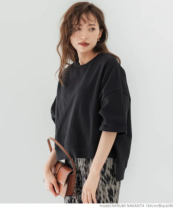 日本 COCA - 百搭前短後長五分袖上衣-杏