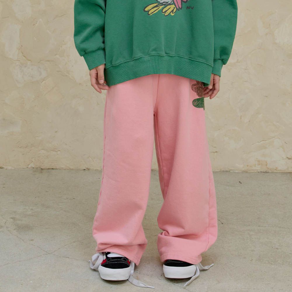 NAVi 鬆緊腰塗鴉花朵印純棉長褲-粉