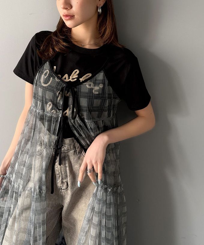 日本 Classical Elf - 絕美透膚格紋細肩帶薄紗罩衫-黑