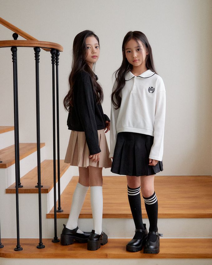 韓國 sm2 - 學院風格鬆餅紋長袖翻領上衣-黑