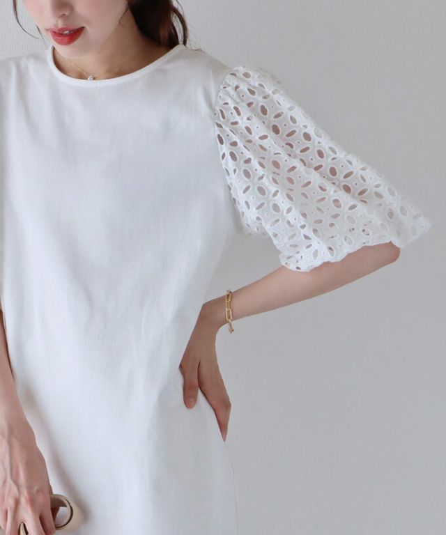 日本 BLUE EAST - 優雅雕花泡泡五分袖連身洋裝-薰衣草