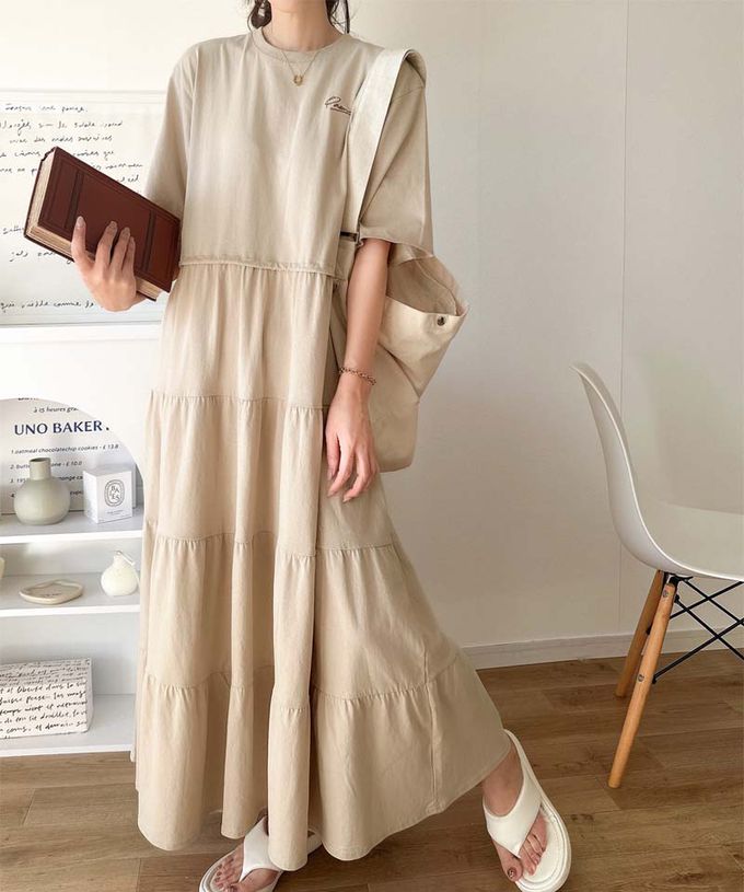 日本 Classical Elf - 簡約logo刺繡 腰抽繩分層短袖洋裝-卡其