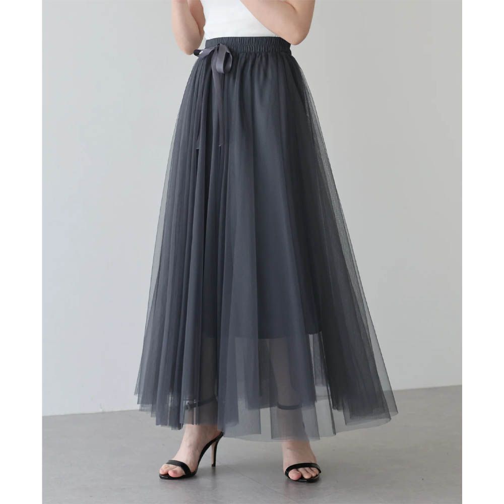 浪漫豐盈蝴蝶結綁帶薄紗裙-素色-炭灰