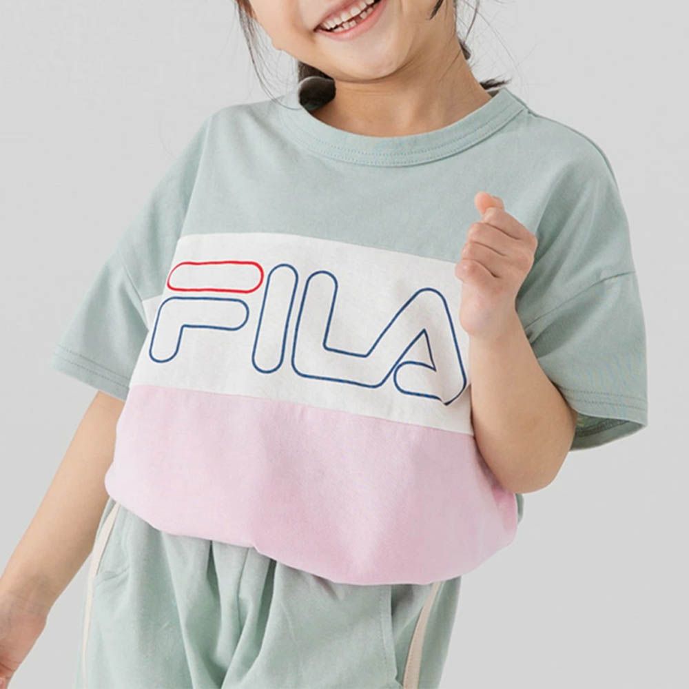FILA聯名 休閒短袖上衣-條紋撞色-綠x白x粉紅