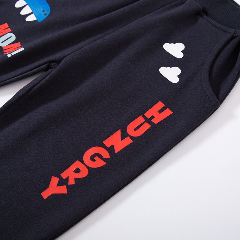 純棉束口休閒長褲-肚子餓恐龍-深藍色