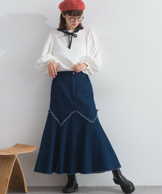 日本 Lupilien - 10oz修身V型魚尾丹寧長裙-灰