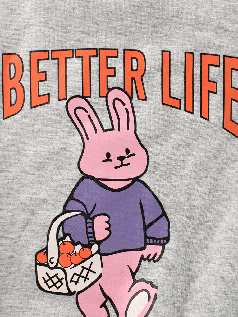 加絨圓領長袖上衣/大學T-悠閒兔兔-灰色