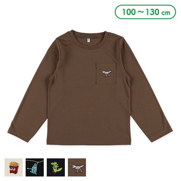 日本西松屋 - 小口袋刺繡薄長袖上衣-恐龍化石-咖啡