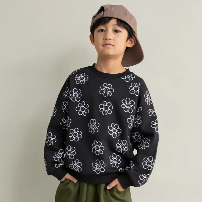 日本 BRANSHES - 裏起毛 舒適縮口長袖上衣-微笑花朵-黑