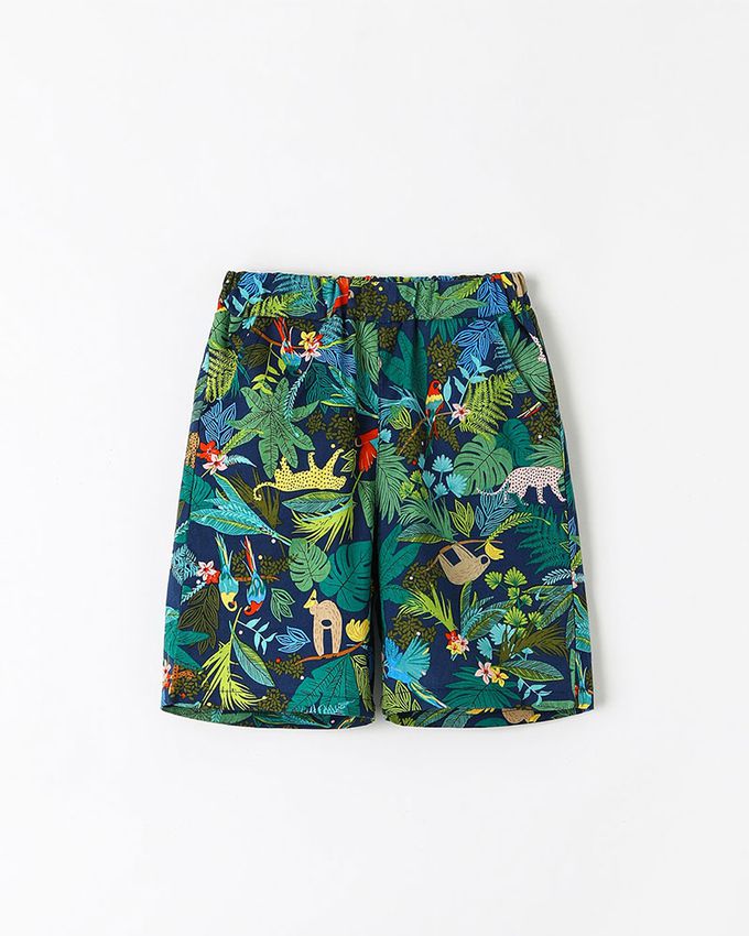 韓國 OZKIZ - 鬆緊腰熱帶叢林動物印短褲-深藍X綠