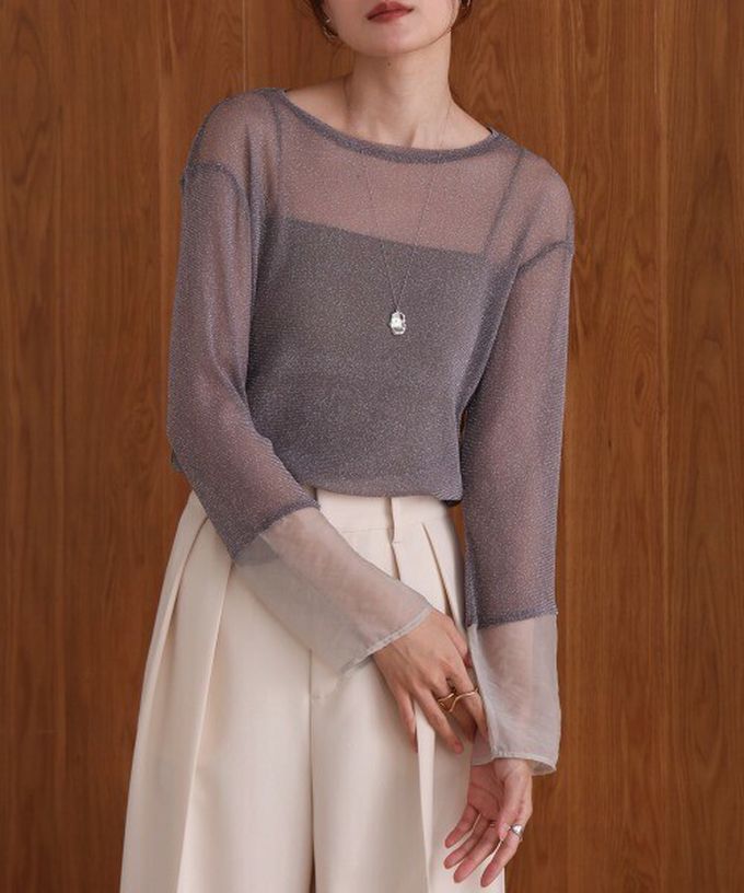 日本 Bab - 亮麗光澤歐根紗拼接透膚薄長袖上衣-淺卡其