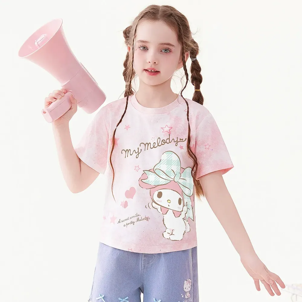 純棉圓領短袖上衣-卡通人物美樂蒂-暈染粉