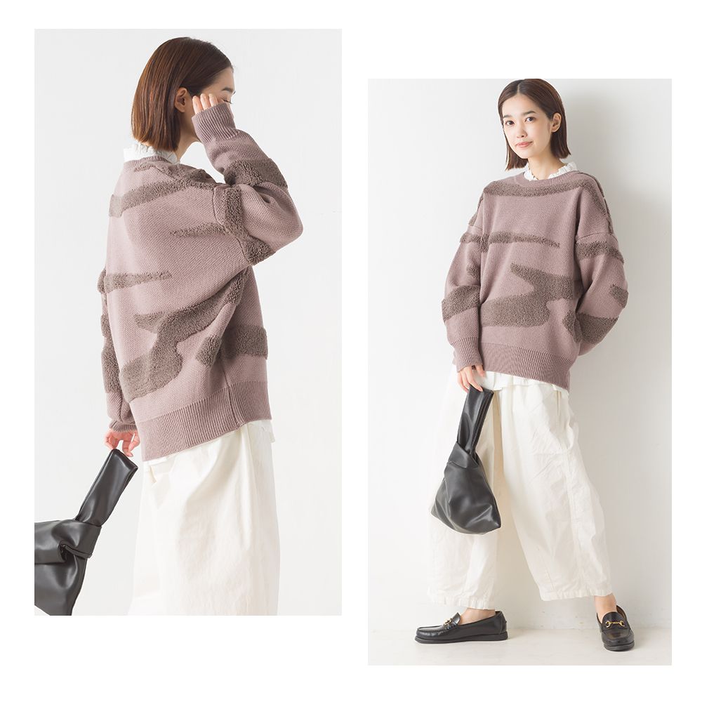 日本 OMNES - 不規則毛絨設計針織毛衣-奶油杏