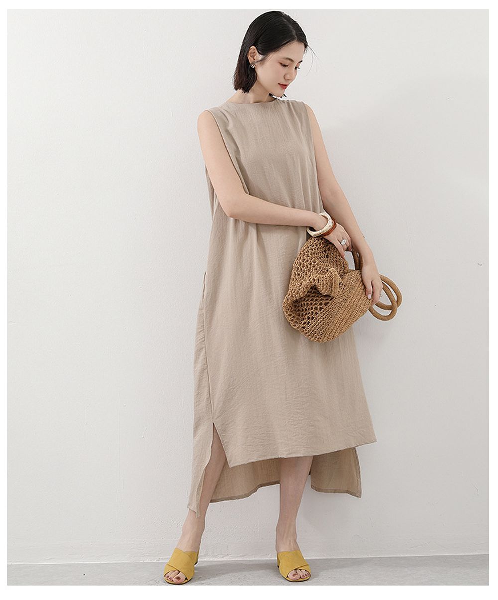 日系極簡風圓領百搭長洋裝-杏色 (F)