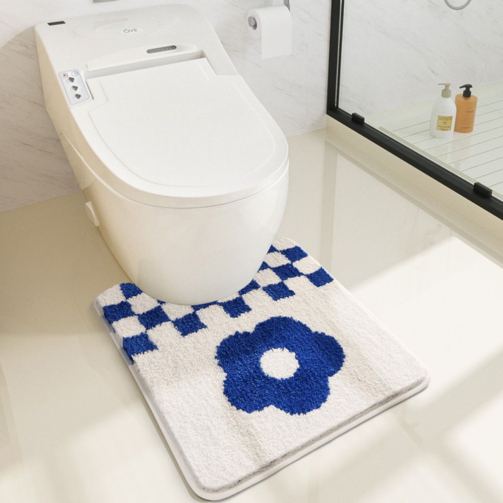 快速吸水植絨馬桶腳踏墊-格紋+花花-藍+白 (50x55cm)