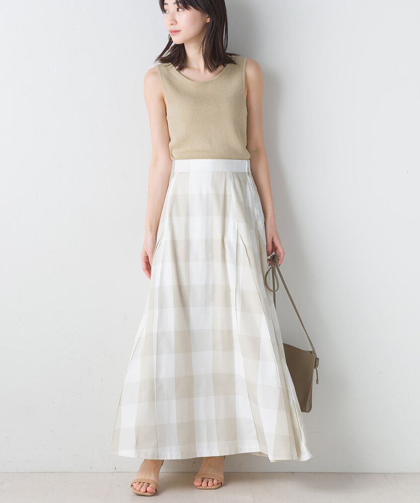 日本女裝代購 - 文藝大格紋修身長裙-淺灰藍