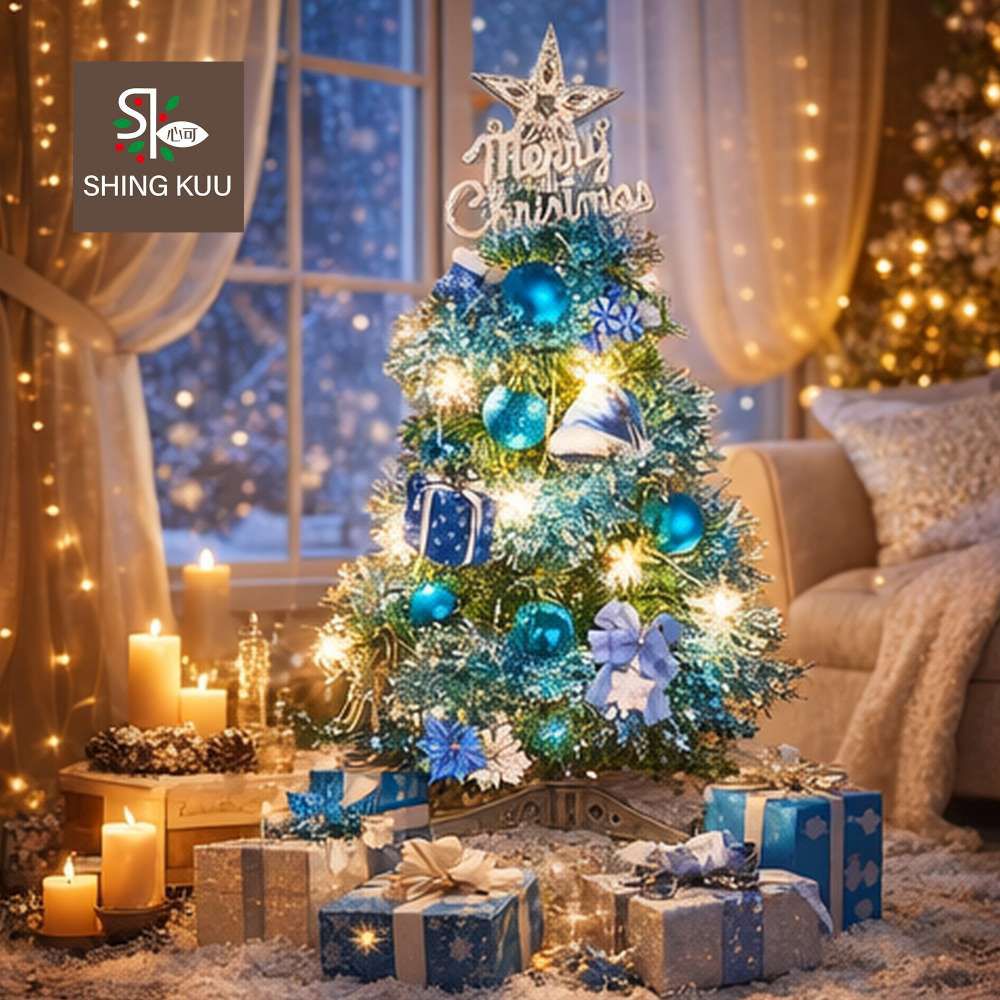 2尺60cm小美好套裝聖誕樹+1號藍雪禮物夢彩繪木片飾品組+LED暖白光20燈雪花燈串_台灣本島免運費