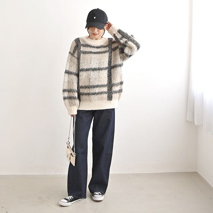 日本 ihuu - 大格紋俏皮針織毛衣-淺黃灰