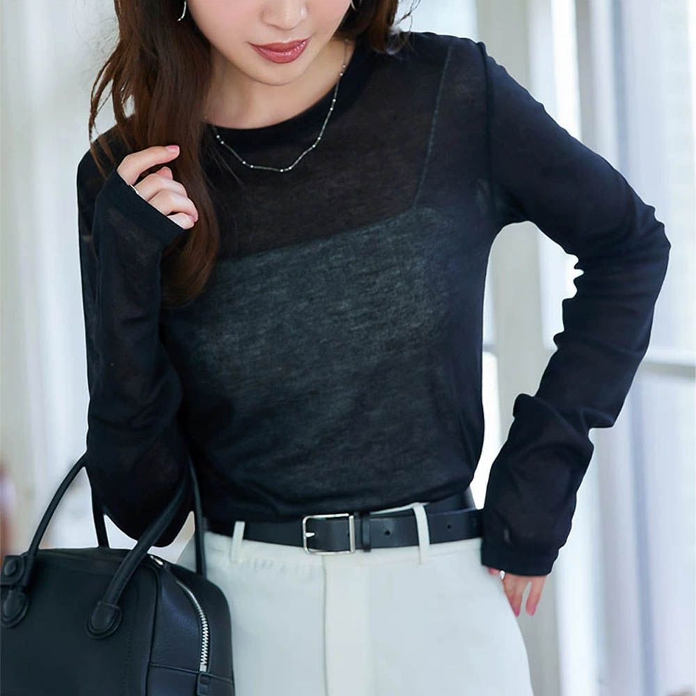 透膚感時尚皺摺長袖上衣-(可選領)-黑