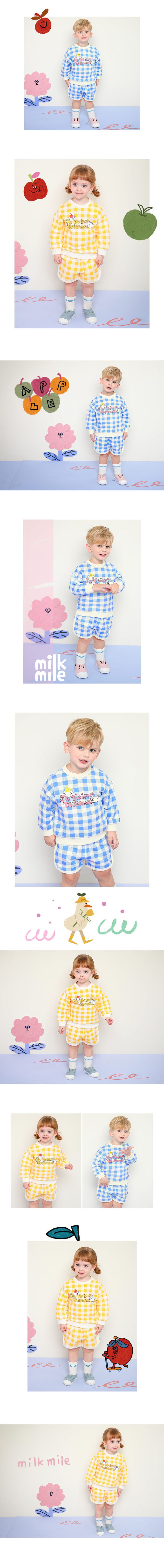 韓國 milk mile - 棋盤格紋白熊長袖短褲套裝-藍