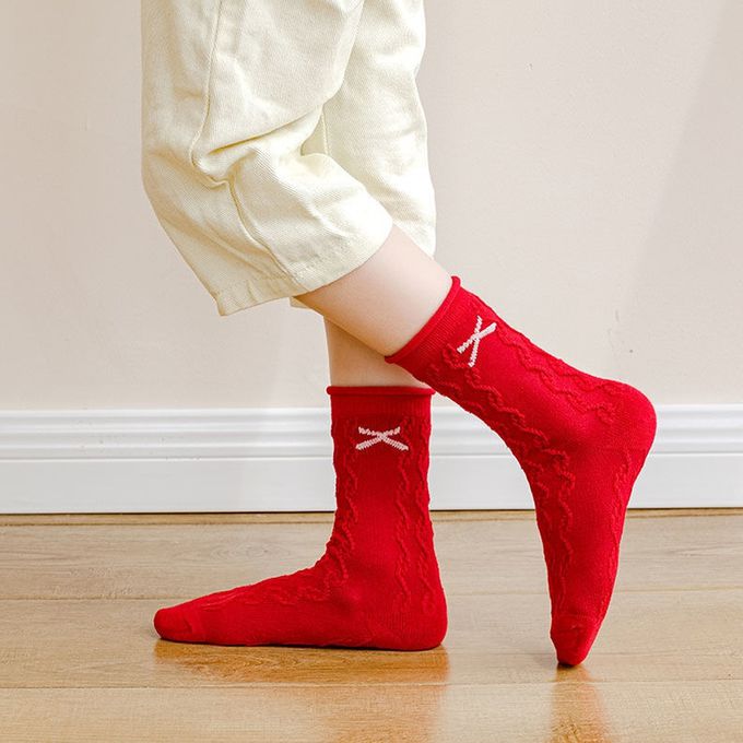 腳ㄚ子 - 幼/兒童棉質中筒襪 童襪 襪子 棉襪 兒童襪-絳紅飛花