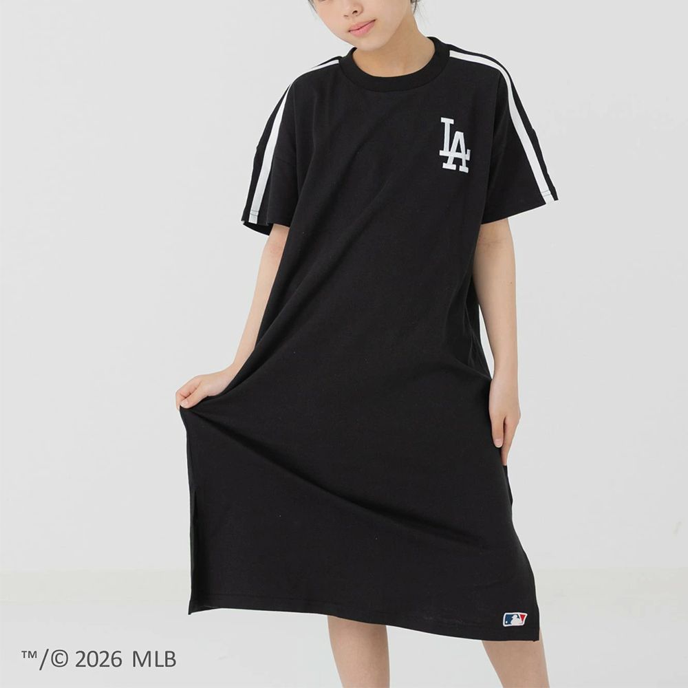 MLB 刺繡logo運動風純棉短袖洋裝-洛杉磯道奇-黑