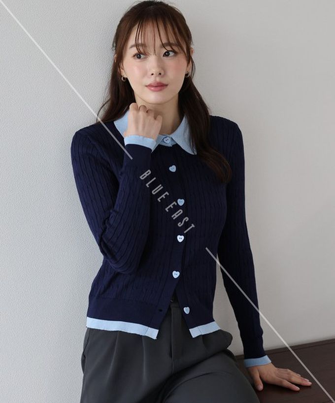 日本 BLUE EAST - 愛心扣雙色polp領麻花開襟衫-灰