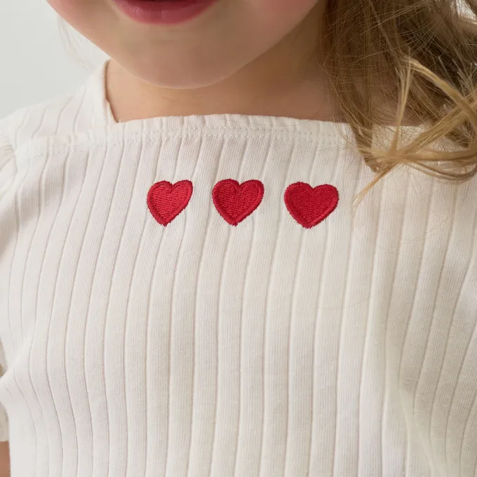 日本 Lycee mine - 方領羅紋可愛刺繡泡泡短袖上衣-愛心-象牙白