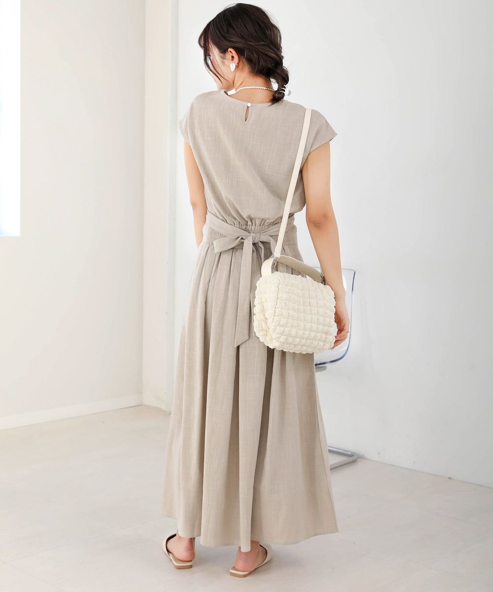 日本 Bab - 顯瘦剪裁收腰法式袖洋裝-石墨灰