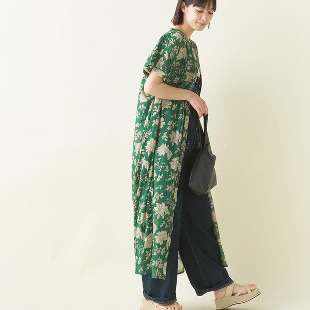 日本 OMNES - 100%印度棉 夏日印花開襟洋裝-綠底滿版花