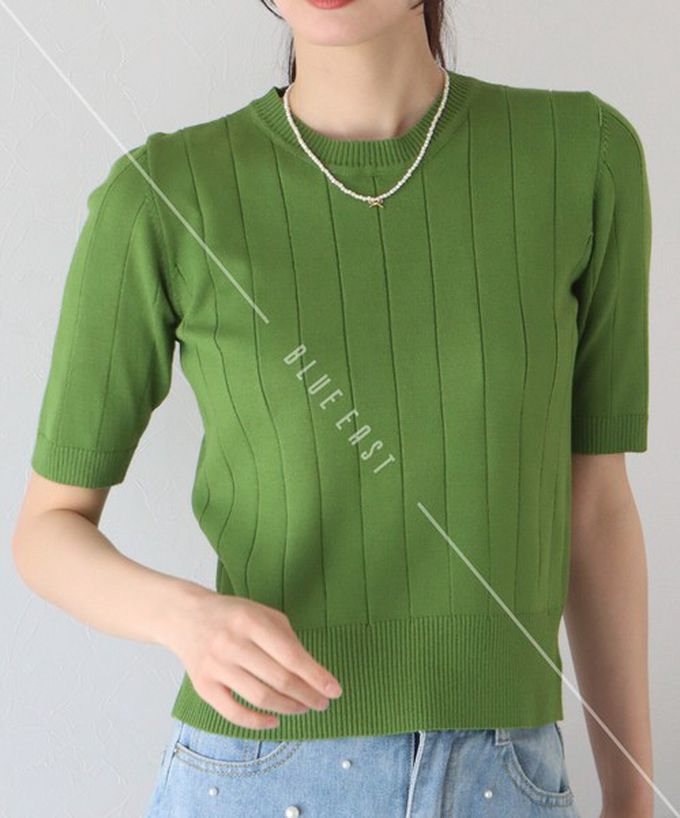 日本 BLUE EAST - 羅紋彈性薄針織五分袖上衣-淺卡其