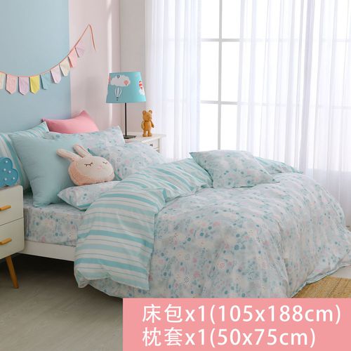 鴻宇 HongYew - 100%美國棉300織單人床包枕套二件組/台灣製-眠眠兔-藍 (床包*1_3.5x6.2尺/105x188cm+枕套*1_50x75cm)